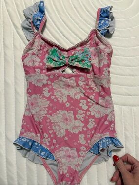 SweetHoney Pink Floral One-Piece Swimsuit w/Green Bow & Blue Ruffles